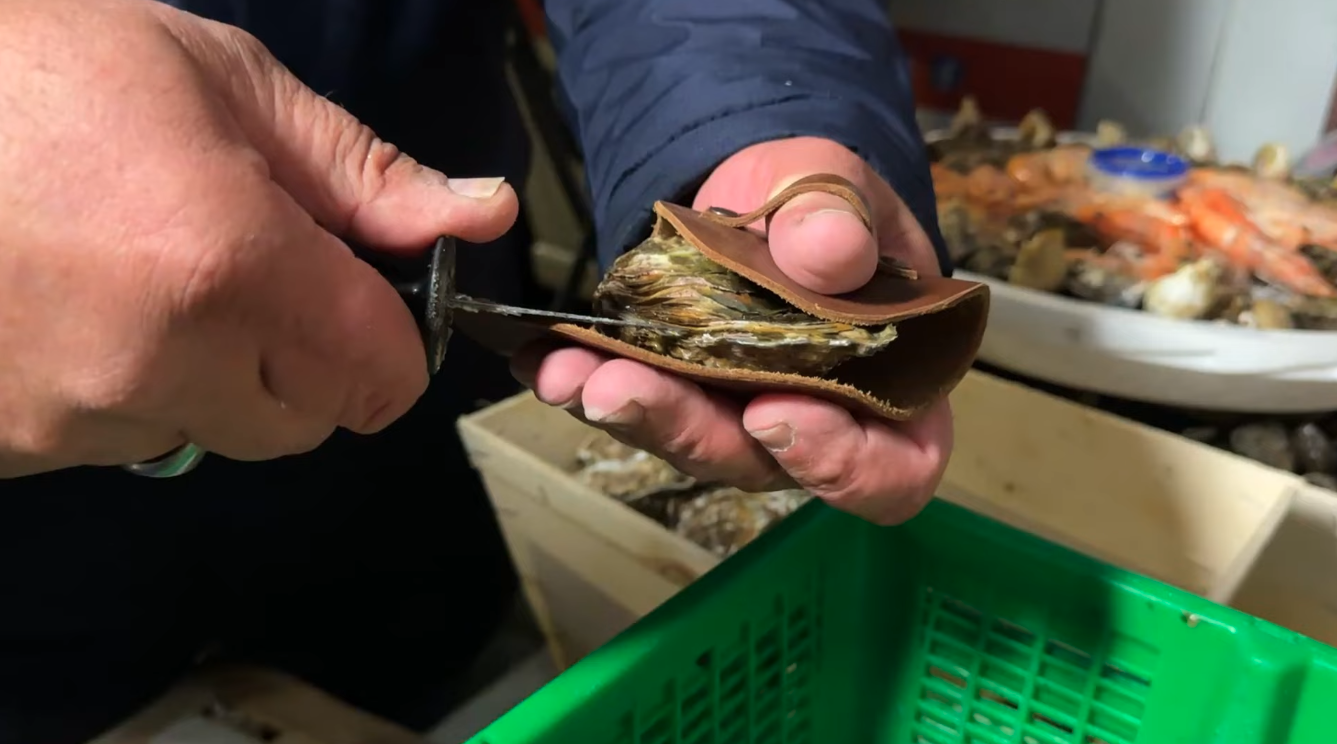 ouverture huitre avec manique en cuir